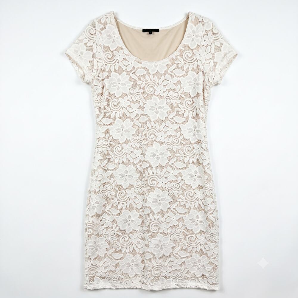 Tiana B Floral Lace Short Sleeve Sheath Dress White Beige Stretch Womens Medium